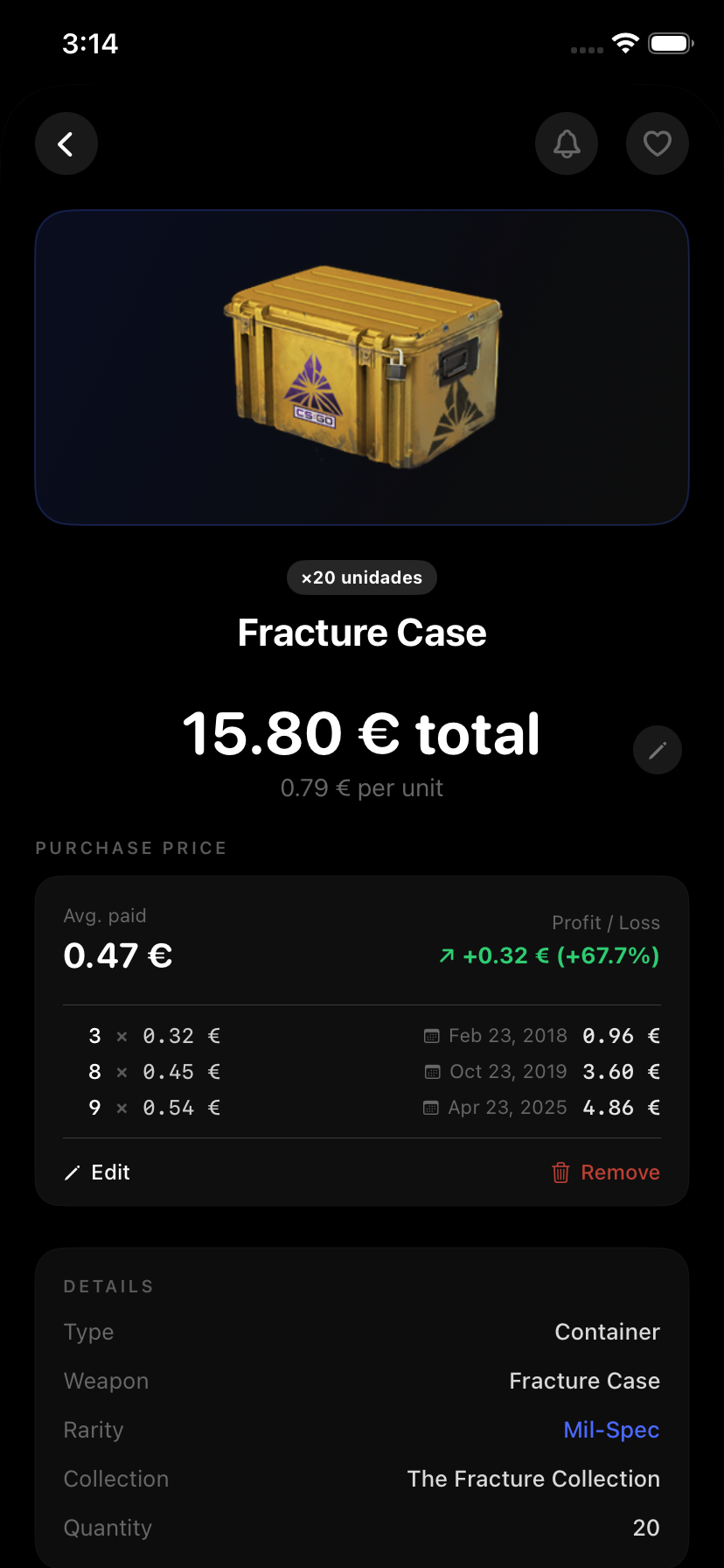 Detalle de precio de compra